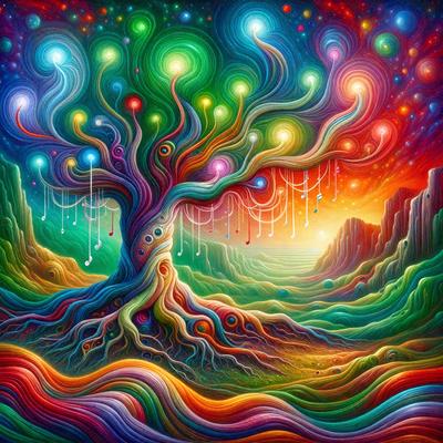 The primary subject of the image is a vibrant, colorful tree with a multitude of lights and decorations hanging from it. The tree is situated in a lush, green landscape, which serves as the setting for the scene. The visual style of the image is a combination of digital art and illustration, creating a whimsical and imaginative atmosphere. The dominant colors in the image are a mix of bright, warm hues, such as reds, oranges, and greens, which contribute to the overall
